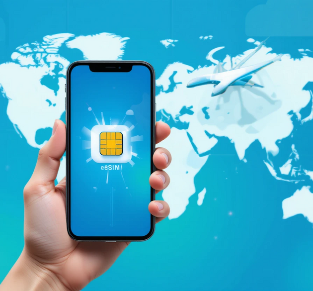 Traveler comparing eSIM and traditional SIM card with a world map and airplane in the background, symbolizing global travel and connectivity. 