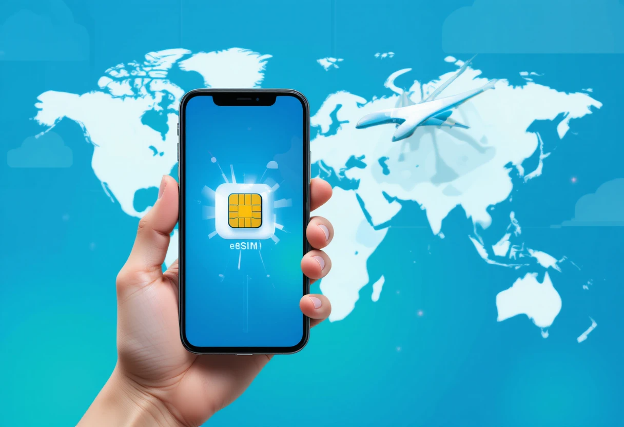 Traveler comparing eSIM and traditional SIM card with a world map and airplane in the background, symbolizing global travel and connectivity. 